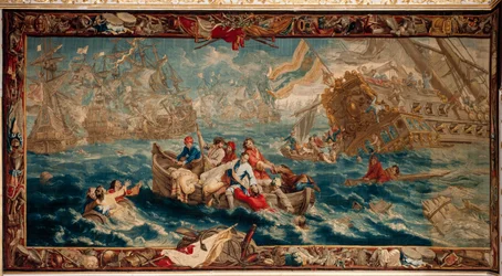 Schlossanlage Schleißheim. Flämischer Wandteppich. Brüsseler Atelier Judocus De Vos. Entwurf Lambert De Hondt. Seeschlacht von La Hogue. 400x792cm. Wolle und Seide. Ca. 1715 - 1724.
