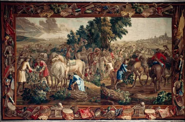 Palast. Flämischer Wandteppich. Brüsseler Atelier Judocus De Vos. Entwurf Lambert De Hondt. Wolle und Seide. Ca. 1715 - 1724