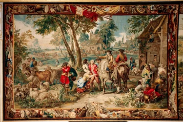 Palast. Flämischer Wandteppich. Brüsseler Atelier Judocus De Vos. Entwurf Lambert De Hondt. Plünderung. Wolle und Seide. Ca. 1715 - 1724