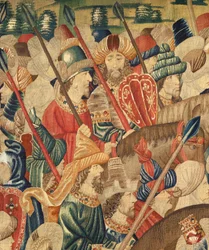 Pfarrmuseum der Wandteppiche. Flämischer Wandteppich. Eroberung von Tanger. Serie Eroberungen von König Alfons I. von Portugal. Tournai. Detail. Wolle