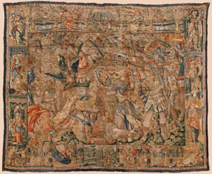 Pfarrmuseum der Tapisserien (Museo Parroquial de Tapices de Pastrana). Flämische Tapisserie. Kampf zwischen Alexander und Darius bei Issos. Brüssel. Wolle und Seide. 16. Jahrhundert. 510x419cm.