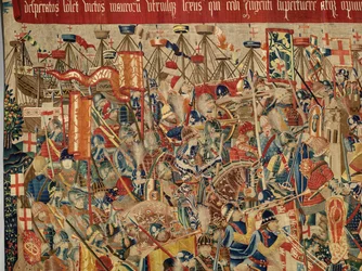 Pfarrmuseum der Wandteppiche (Museo Parroquial de Tapices de Pastrana). Flemischer Wandteppich. Eroberung von Arcila. Serie Eroberungen von König Alfons I. von Portugal. Tournai.