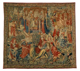 Wandteppich, Eine moralische Allegorie des Menschen oder Gerechtigkeit, die den Menschen angreift, hergestellt in Flandern, Belgien, um 1500