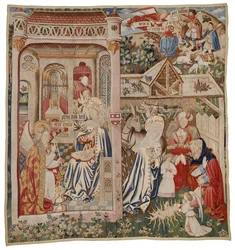 Wandteppich, der die Verkündigung und die Geburt Christi darstellt, Tournai (Wolle)