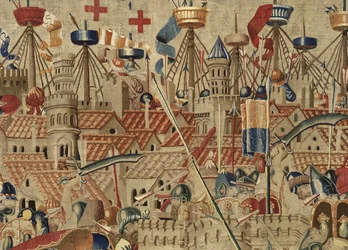 Wandteppich, der die Eroberungen von König Alfons V. von Portugal zeigt (Conquistas de Alfonso V de Portugal), Tournai. (Detail)