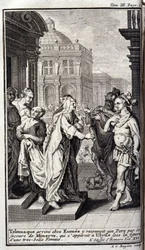 Telemach kommt im Haus von Eumaios an, erkennt seinen Vater mit Hilfe von Athene, die in der Gestalt einer schönen Frau erscheint. Illustration für Buch XVI der Odyssee von Homer, veröffentlicht in Amsterdam 1731, Privatsammlung Mailand