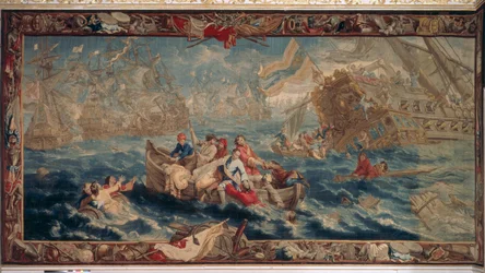 Die Schlacht von La Hogue, Mai 1692, aus der Serie Militärwissenschaft, Werkstatt von Judocus de Vos, ca. 1715-24