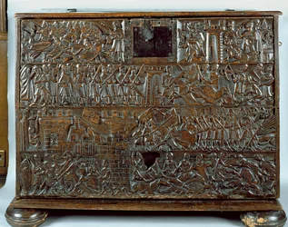 Die Courtrai-Truhe, die Szenen aus der Schlacht der Goldenen Sporen in Courtrai 1302 darstellt