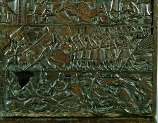 Die Courtrai-Truhe, die die flämische Schlachtlinie während der Schlacht der Goldenen Sporen in Courtrai 1302 darstellt (Detail)
