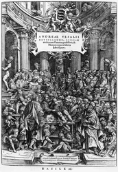 Die Anatomie-Lektion von Andreas Vesalius (1514-64) an der medizinischen Schule in Brüssel, Frontispiz aus De Humani Corporis Fabrica, veröffentlicht in Basel, 1555