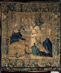 Die Universitätskollektionen. Flämischer Wandteppich. Jethros Töchter erzählen ihrem Vater von der Begegnung mit Moses. Oudenaarde. Ca. 1550