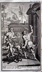 Odysseus kommt im Haus des Hirten Eumaios an oder wird möglicherweise von Hunden angegriffen. Illustration für Buch XIV der Odyssee von Homer, in der Odyssee, veröffentlicht in Amsterdam 1731, Privatsammlung Mailand.