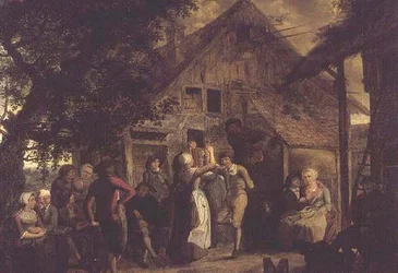 Dorfbewohner beim Feiern vor einem Bauernhaus