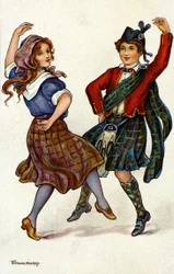 Paar tanzt in traditioneller schottischer Tracht. Chromolithographie von Florence Hardy