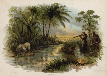 Szene aus Die Schweizer Familie Robinson: Löwenjagd (Chromolithographie)