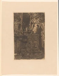 Atelierinterieur mit Ofen, Kamin und Blumenvase