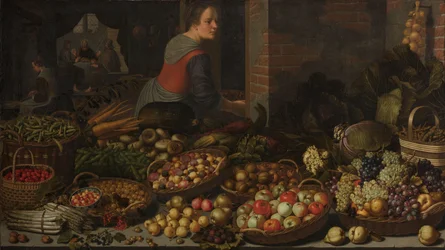 Stillleben mit Obst und Gemüse, mit Christus in Emmaus im Hintergrund