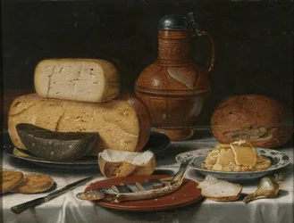 Stillleben mit Käse, Hering, Brot und Wein