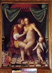 Venus und Mars. Darstellung der beiden sich küssenden Gottheiten. Gemälde der Schule von Fontainebleau aus dem 16. Jahrhundert