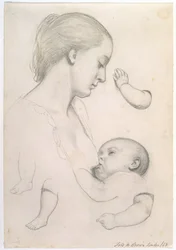 Mahlzeit des Säuglings - Studie einer Mutter und eines Kindes mit separaten Arm- und Bein-Studien des Kindes, 1848