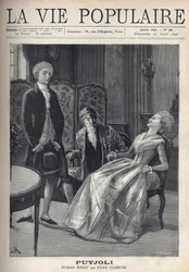 Ein hübscher blonder junger Mann, sieht schlecht aus, nachdem er seinen Antrag gemacht hat, sieht das Mädchen lachend auf ihrem Stuhl umkippen, unter den erstaunten Augen ihres Vaters. Illustration für Puyjoli von Jules Claretie (1840-1913). Gravur von For
