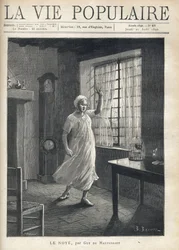 Eine Frau im Nachthemd und mit Nachthaube, mit einem Gesicht voller Angst, traurigen Augen und erhobener Hand, steht barfuß vor dem Fenster ihres Hauses, durch das man die Masten der Boote sieht. Innen eine Uhr, ein Vogelkäfig und wenig Möbel. Illustration