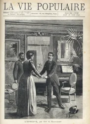 In einem bürgerlichen Wohnzimmer eilt ein Mann zur Hausherrin und ergreift ihre Hände, wobei er seinen Hut auf den Boden fallen lässt, unter dem erstaunten Blick eines anderen Mannes. Illustration von Bernard Borione