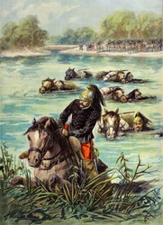 Das 7. Dragonerregiment überquert den Loing schwimmend neben ihren Pferden