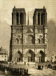 Notre Dame de Paris (Notre-Dame) im Jahr 1482: Westfassade und Vorplatz. Stich von F. Meaulle, basierend auf einer Zeichnung von Viollet-le-Duc zur Illustration des gleichnamigen Romans von Victor Hugo, Ausgabe Ollendorff Anfang des 20. Jahrhunderts.