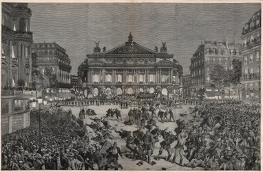 Unruhen in Paris gegen die Aufführung von Richard Wagners „Lohengrin“ im Palais Garnier 1891 - Patriotische Demonstration, Place de l