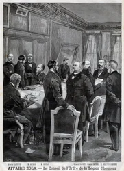 Der Rat des Nationalordens der Ehrenlegion während der Dreyfus-Affäre, Stich von F. Meaulle nach Garrey. „Le Petit Journal“, 24. April