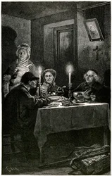Victor Hugo „Les Misérables“ Illustration von Lix, graviert von Méaulle: der Sträfling und der Bischof. Jean Valjean, dem Bischof Myriel das Krankenhaus angeboten hat, wird seinen letzten Diebstahl begehen: das Silberbesteck seines Gastgebers. Auf dem Tisc