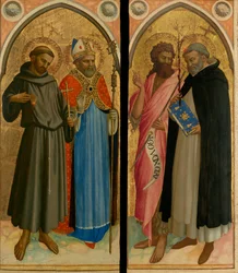 Heiliger Franziskus und ein Bischofsheiliger, Johannes der Täufer und Heiliger Dominikus, späte 1420er