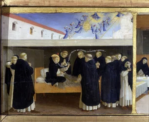 Der Tod der Heiligen Dominica (1221) - der untere Teil (die Predella) der „Krönung der Jungfrau“ zeigt Christus am Grab und sechs Episoden aus dem Leben der Heiligen Dominica, Gründerin des Ordens, zu dem der Angelicode gehörte, von Guido di Pietro
