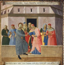 Judas ging zu den Hohepriestern und stimmte zu, Jesus im Austausch gegen dreißig Silbermünzen zu übergeben. Leben Christi, Armadio degli Argenti