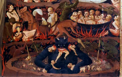 Das Jüngste Gericht: Detail der Unterwelt. Verdammte in den Höllenkreisen, Folterungen durch Dämonen. Detail einer Temperamalerei auf Holz