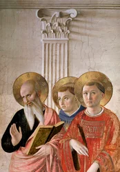 Die Madonna der Schatten. Detail: der heilige Johannes, der heilige Thomas und der heilige Laurentius, ca. 1438-1446