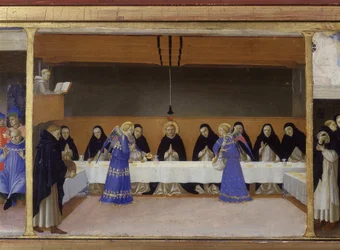 Das von den Engeln servierte Mahl der Mönche - der untere Teil (die Predella) der „Krönung der Jungfrau“, der Christus am Grab und sechs Episoden aus dem Leben des heiligen Dominikus darstellt, des Gründers des Ordens, dem Angelico angehörte, von Guido di