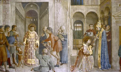 Der heilige Sixtus vertraut Laurentius die Kirchenschätze an und der heilige Laurentius verteilt Almosen