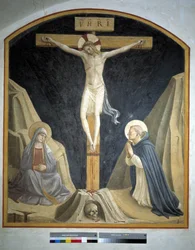 Kreuzigung mit der Jungfrau Maria und dem heiligen Dominikus. Inschrift "INRI" am Kreuz, 1442