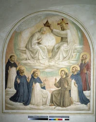 Die Krönung der Jungfrau. Von links nach rechts: der heilige Thomas, der heilige Benedikt von Nursia, der heilige Dominikus, der heilige Franziskus, der heilige Petrus Martyr und der heilige Markus