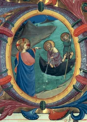 Ms 558 f.9r Die Berufung von St. Peter und St. Andreas, Detail (Initiale O) aus einem Missale