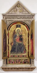 Das Linaiuoli-Triptychon (mit offenen Flügeln): Die Jungfrau und das Kind auf dem Thron mit St. Johannes dem Täufer und St. Markus, 1433