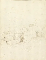 Wassermühle mit Figuren auf einer Bogenbrücke