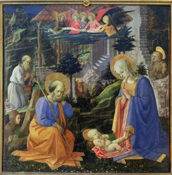 Anbetung des Kindes mit den Heiligen Hilarius, Hieronymus, Maria Magdalena und Engeln