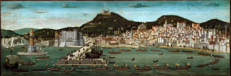 Tavola Strozzi: die Rückkehr der aragonesischen Flotte, siegreich in der Schlacht von Ischia 1465 (Tempera auf Holz)