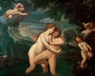 Salmacis im Bad zurückgewiesen von Hermaphroditus. Die Nymphe Salmacis, verliebt in den Sohn von Hermes und Aphrodite, sieht ihre Annäherungsversuche zurückgewiesen