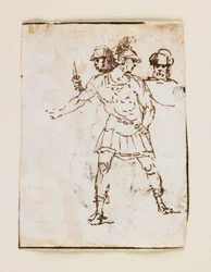 Studie von zwei römischen Soldaten und einer bärtigen Figur (recto); Studie eines bärtigen Mannes, der mit einem Stock geht (verso)