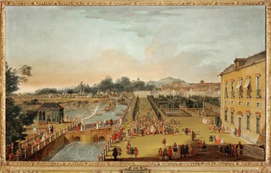 König Ferdinand VI. von Spanien und Königin Barbara Braganza und ihre Gäste in den Gärten des Palastes von Aranjuez