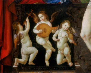Drei musizierende Engel. Detail des Altars der Madonna auf dem Thron mit den Heiligen Hieronymus und Sebastian, von Francesco Bianchi Ferrari, Kirche San Pietro, Modena